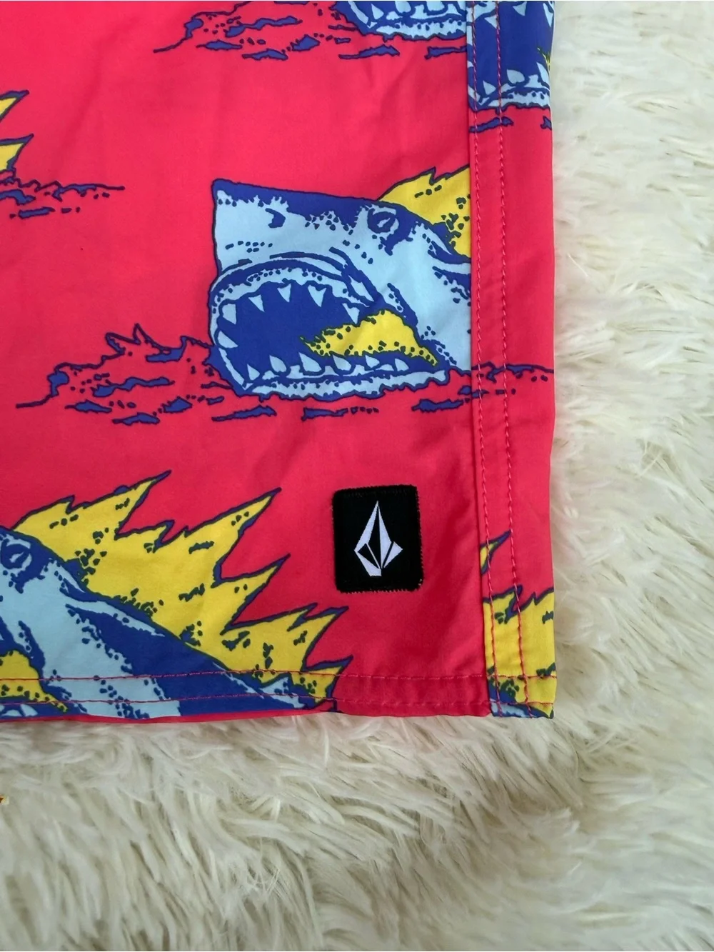 Volcom Swim Shorts with Blue and Yellow Shark Graphic